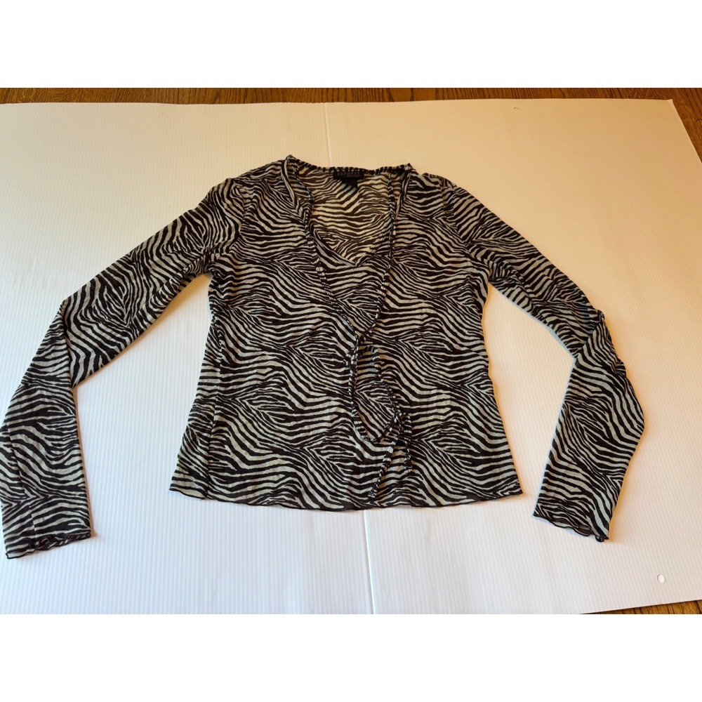 Express World Brand Zebra Print Mesh Long Sleeve V-Neck Tie Front Top Large
